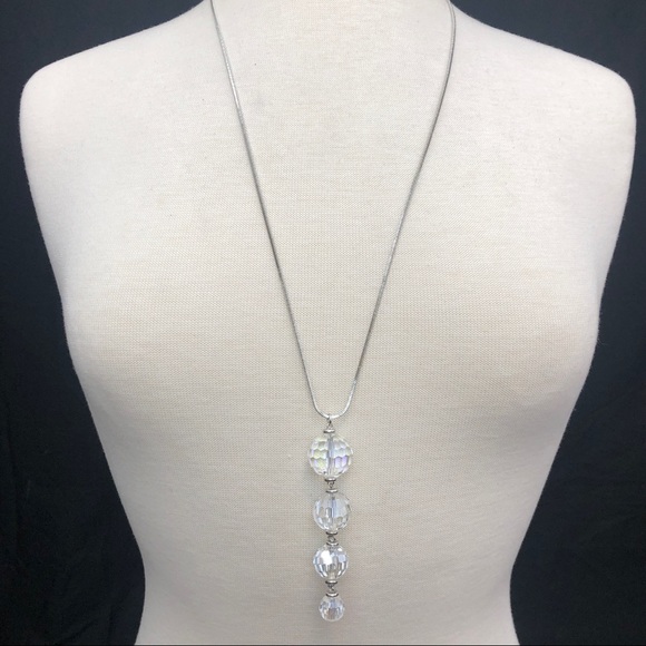 Long Clear Glass Bead Dangle Silver Necklace - Picture 2 of 3